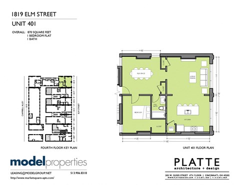Floor plan for 1 bed, 1 bath, 870 sqft